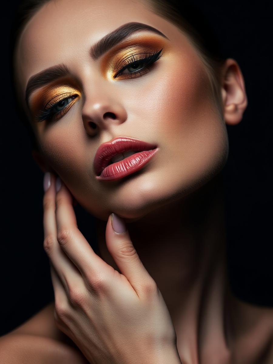 Golden shimmer editorial makeup look
