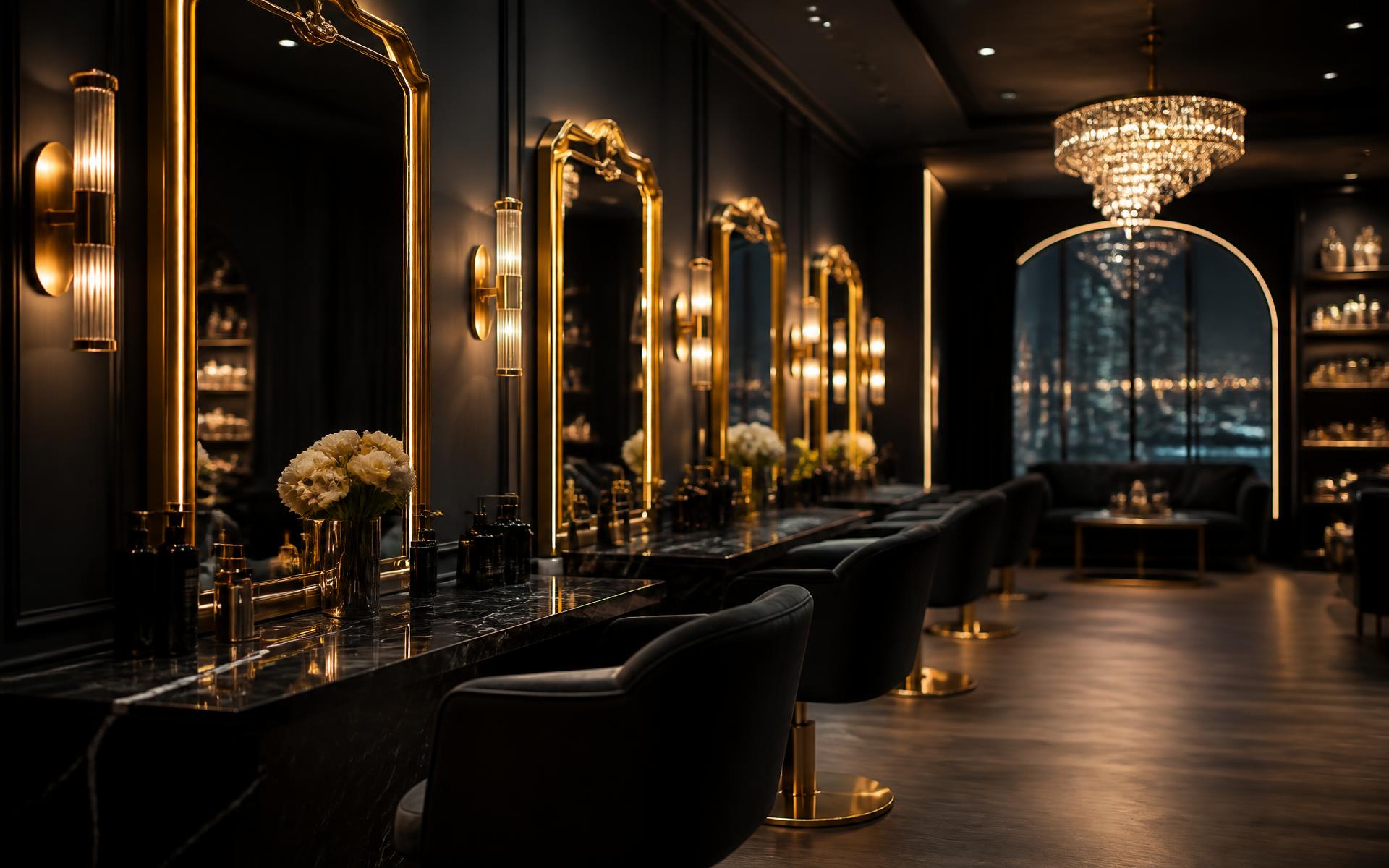 Interior of the Beauty Inside luxury salon with gold-framed mirrors