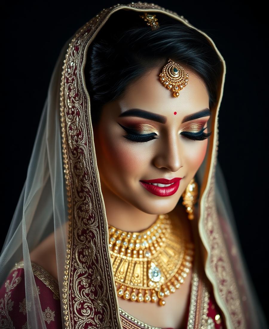 Traditional bridal makeup with gold jewellery